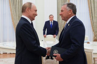 Russian president Vladimir Putin and US special envoy Steve Witkoff shake hands during their meeting in Moscow